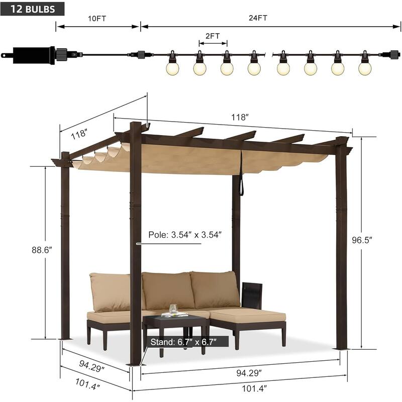 PURPLE LEAF Outdoor Retractable Bronze Metal Pergola w Canopy for Beach Deck Gazebo