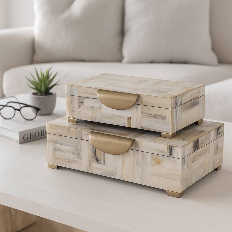 Resin Wood Decorative Boxes Handles Mosaic (Set of 2) - 5" & 4" Tan - 14" x 8.5" x 4.5"