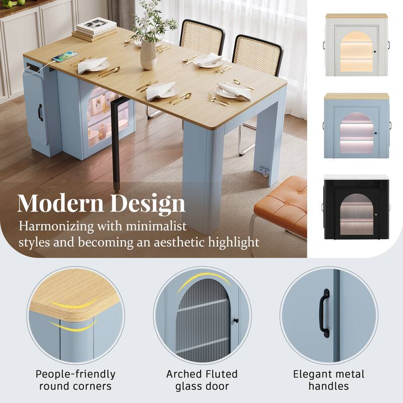 Extendable Dining Table with 3 Removable Middle Leaves,Mobile Rolling Table with Power Outlet,Saving-space Cabinet with Storage