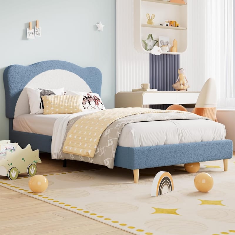 Velvet Kids Bed Frame with Adjustable Scallop Headboard, Princess Style Platform Bed, Solid Wood Slats - Twin - Blue