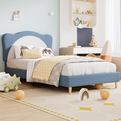 Velvet Kids Bed Frame with Adjustable Scallop Headboard, Princess Style Platform Bed, Solid Wood Slats