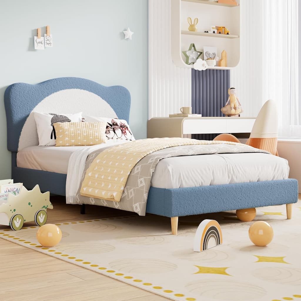 Velvet Kids Bed Frame with Adjustable Scallop Headboard, Princess Style Platform Bed, Solid Wood Slats