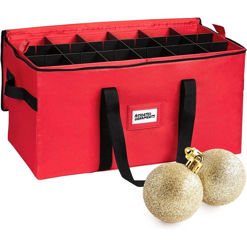 Christmas Ornament Storage Container - Heavy Duty 600D Tear Resistant Material, Zippered, Adjustable Dividers