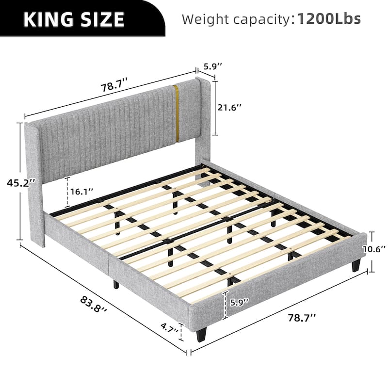 Moasis Upholstered Platform Bed Frame with Wood Slats Linen Headboard