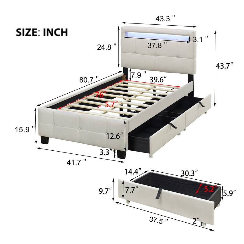 Linen Fabric Upholstered Platform Bed with Lattice-Pattern Headboard, Remote Control LED Panel Bed Frame for Bedroom