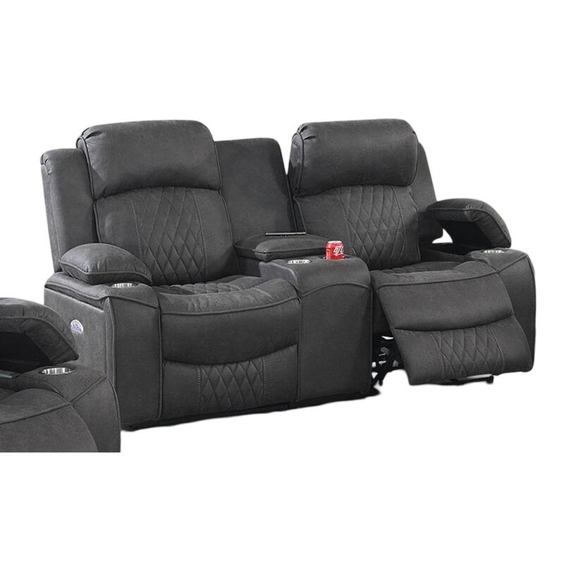 Contemporary Charcoal Gel Leatherette Power Motion Loveseat with Storage Arms and Cup Holder
