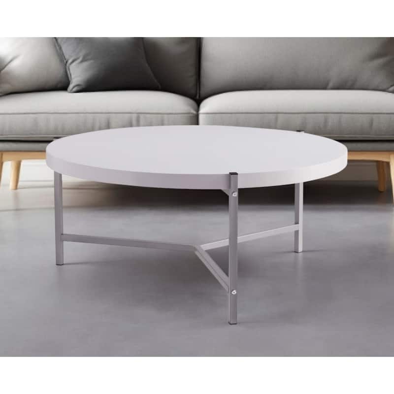 HomeRoots 37" White And Silver Wood And Stainless Steel Round Coffee Table - 36.5