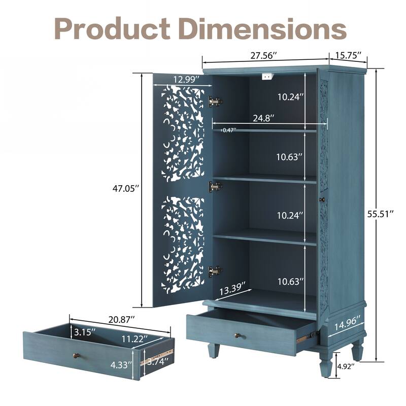 Tall Storage Cabinet with Drawer, Decorative 2-Door Carved Wood Accent Cabinet