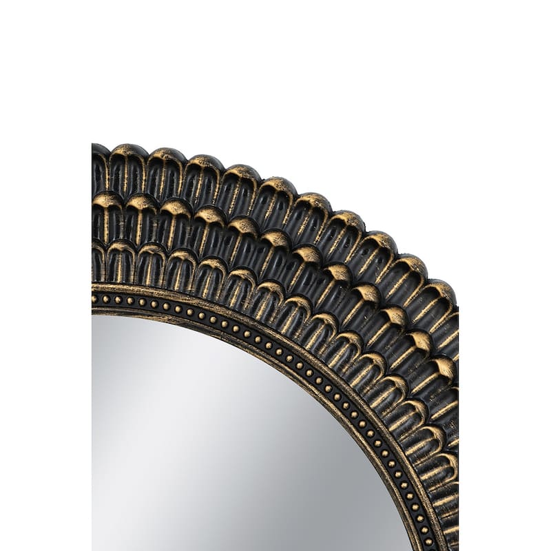 D26.5" Round Black And Gold Wooden Accent Mirror With Woven Texture