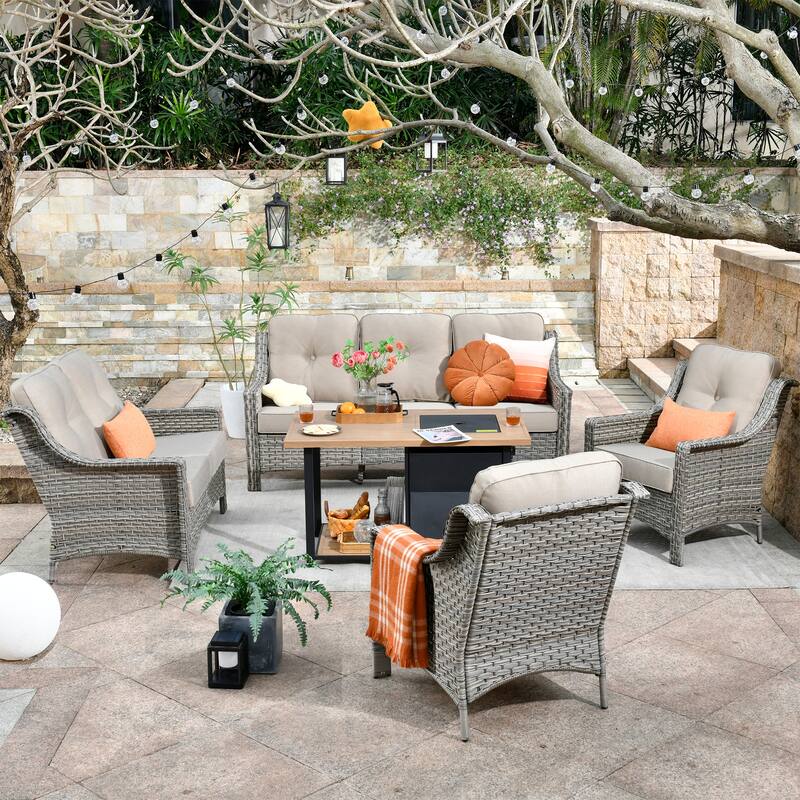 OVIOS 5-piece Patio Wicker Conversation Set With Fire Table - Beige