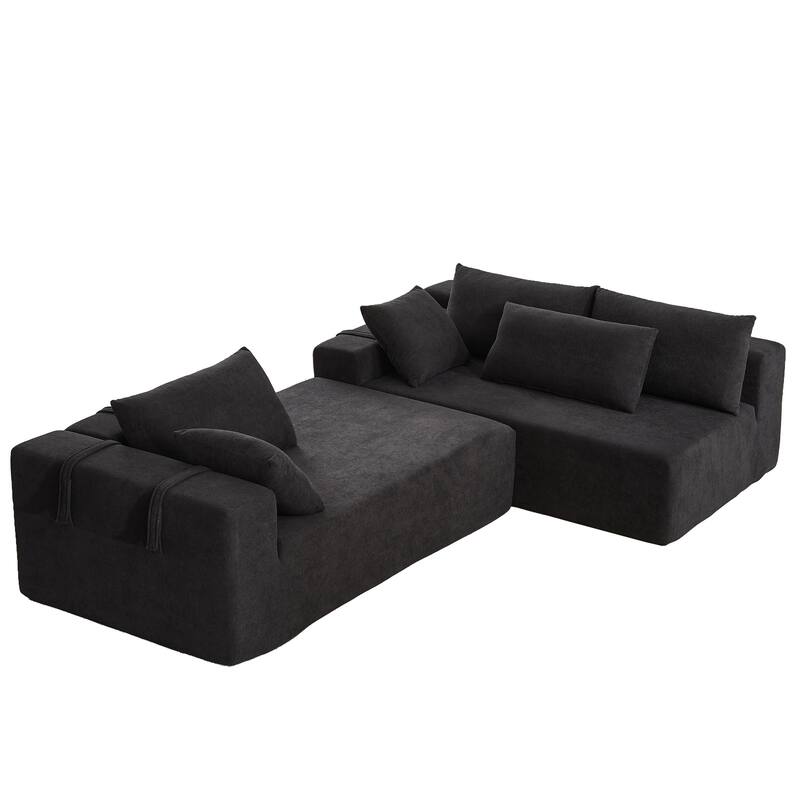 L Shaped Modular Sectional Sofa with Chaise Lounge, Oversized Chenille Upholstered Sofa, Deep Seat Sofa with 6 Pillows - Black