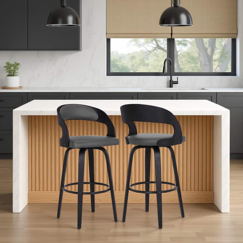 Shelly Mid-Century Swivel Bar Stool, Upholstered Counter Height Chair with Bentwood Legs - Grey & Black - Counter Height - Set of 2