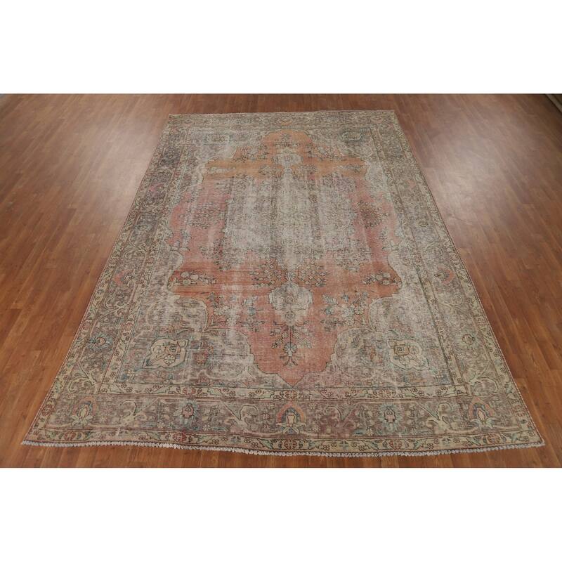 Orange Tabriz Persian Vintage Area Rug Handmade Wool Carpet - 7'9"x 11'0"