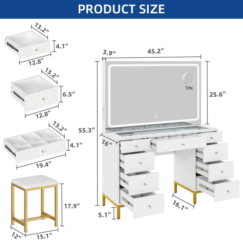 45" Vanity Desk Set with 9 Drawers and Large Hollywood Bulbs Mirror Power Outlet