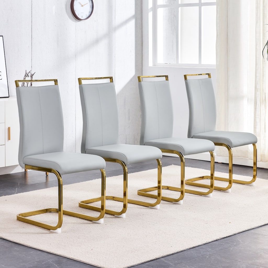 Dining Chair,PU Faux Leather High Back Upholstered Side Chair with C-shaped Tube Golden Coating Metal Legs