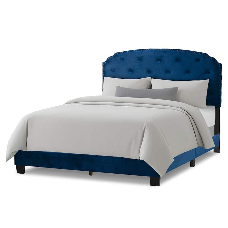 Arin Navy Blue Velvet Queen Bed Button Tufting and Black Nail Head