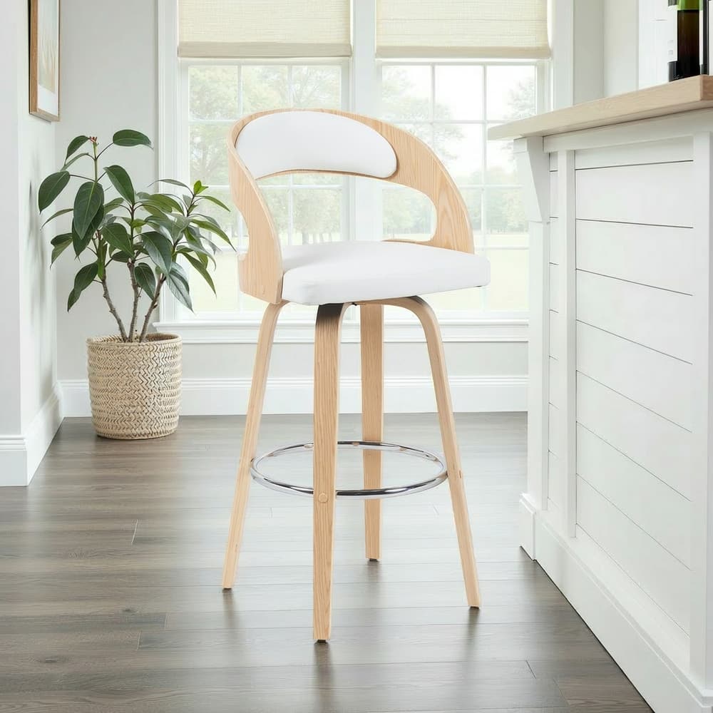 Shelly Mid-Century Swivel Bar Stool, Upholstered Counter Height Stool with Bentwood Legs