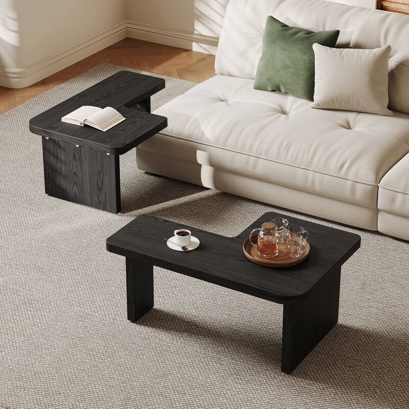 Modern Wood Coffee table, Mid Century Wood Side Table for Living Room, 2 Pieces