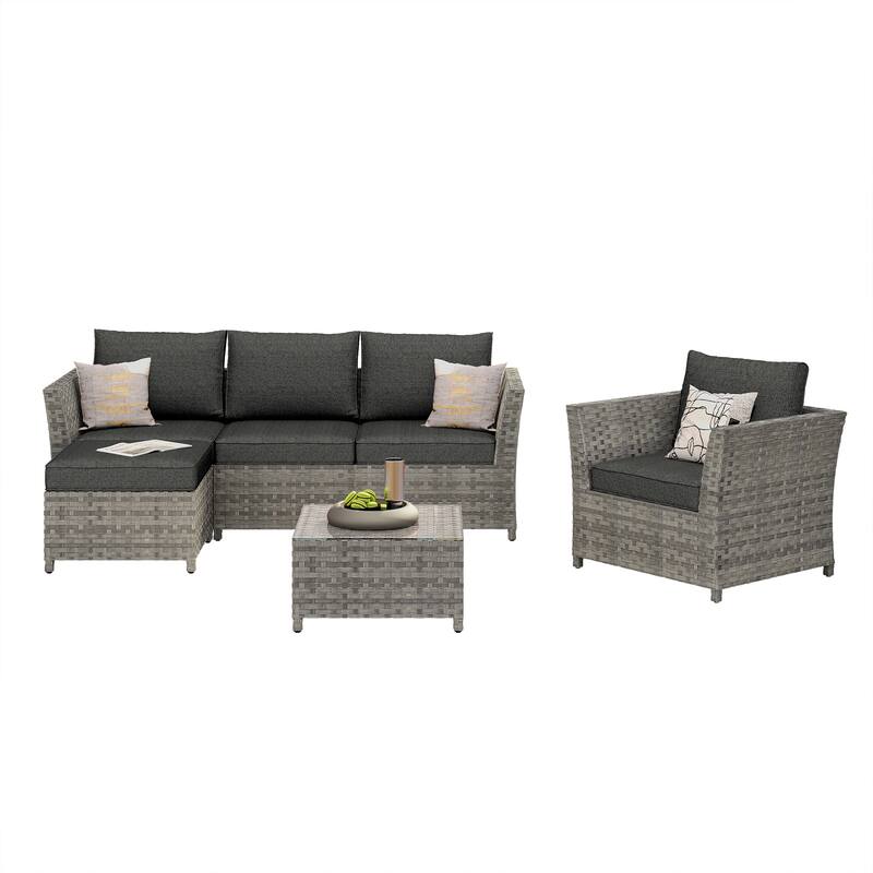 HOOOWOOO 6-piece Grey Rattan Patio Furniture Outdoor Sectional Set with Ottoman