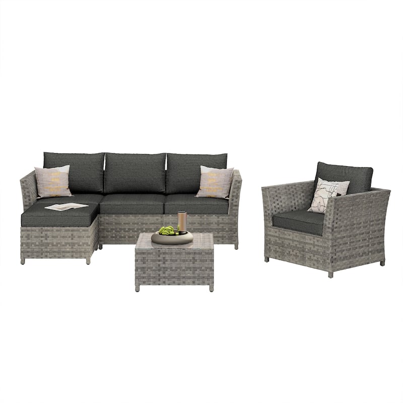 OVIOS 6-Piece Patio Grey Wicker Conversation Set