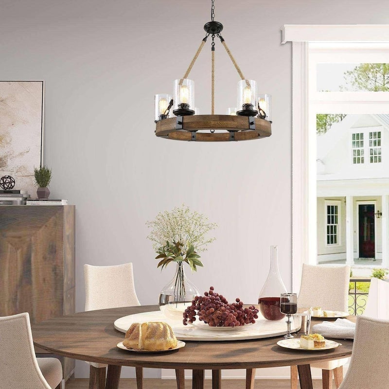 Farmhouse 6-Light Wagon Wheel Wood Chandelier for Dining Room - D25"x H 28"