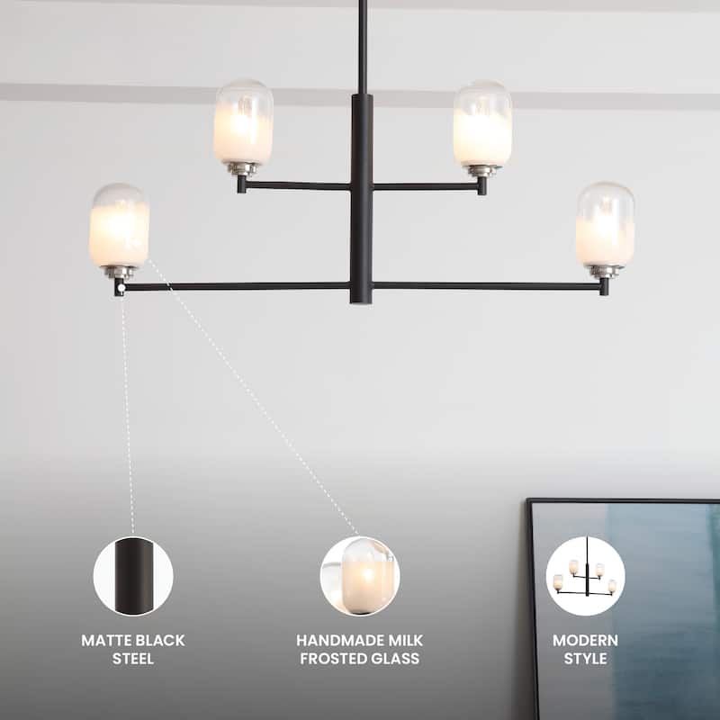 VidaLite Seren 4-Light Matte Black Pendant With Handmade Glass Shades, Round Modern Style Pendant Chandelier Light - 14" x 36"