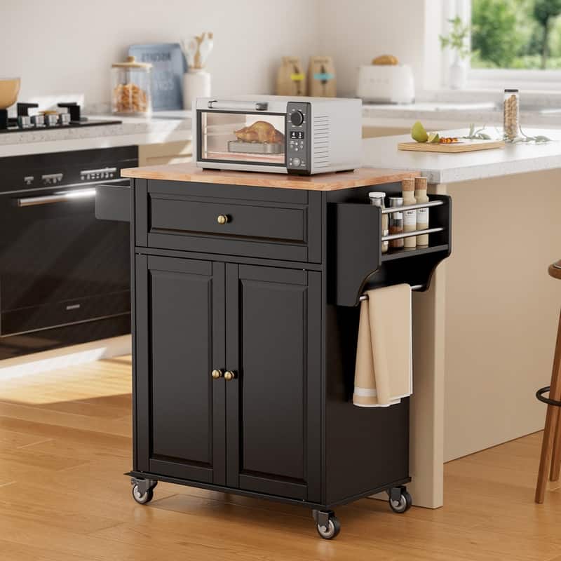 Kitchen Island Cart with Storage Cabinet, Wood Top and Locking Wheels - Black