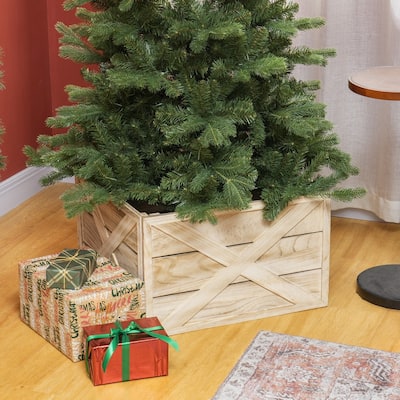 Farmhouse Wooden Christmas Tree Skirt, 24" Light Distressed Wood Finish Christmas Tree Collar Box
