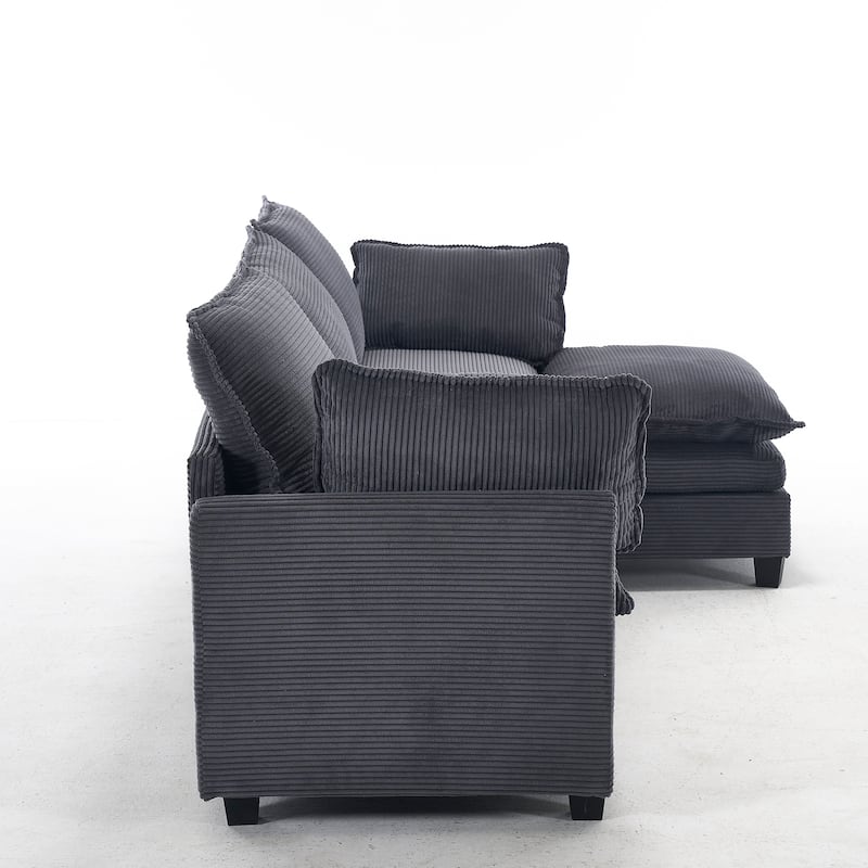 Comfy Corduroy Upholstered Deep Seat Couch L-shaped Sectional Sofa with Ottoman Chaise Lounge and 2 Lumbar Pillows