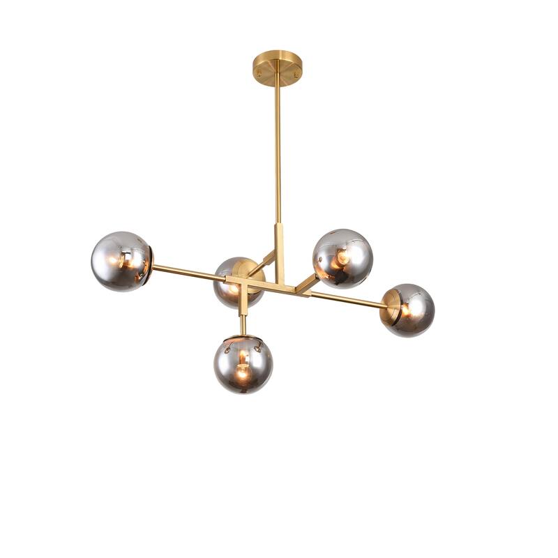 5 Light Gold Metal Chandelier with Smoke Glass Shades