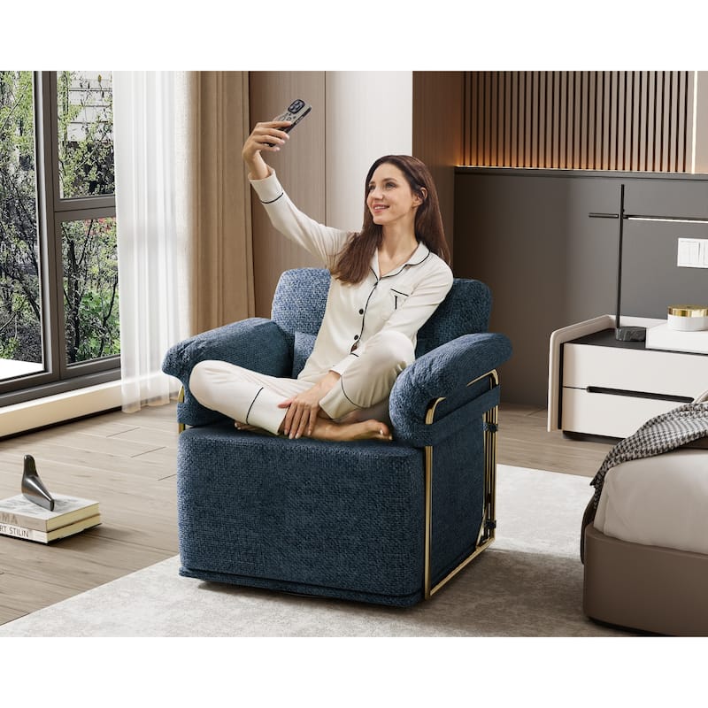 360° Swivel Accent Sofa Chair Fluffy Fabric Gold Legs Blue