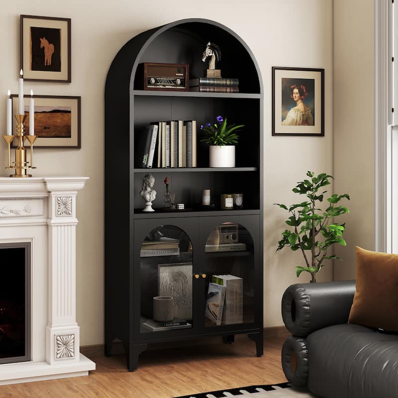 73.6-Inch Arched Metal Storage Display Cabinet with Adjustable Shelves - Arched Doors - Black