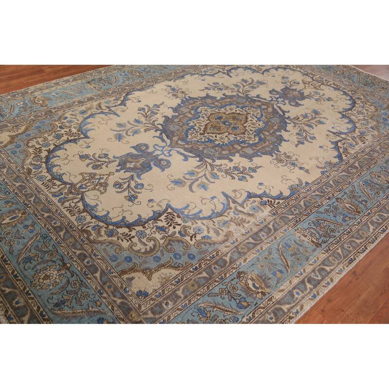 Traditional Beige Tabriz Persian Rug Handmade Wool Carpet - 7'6"x 10'10"