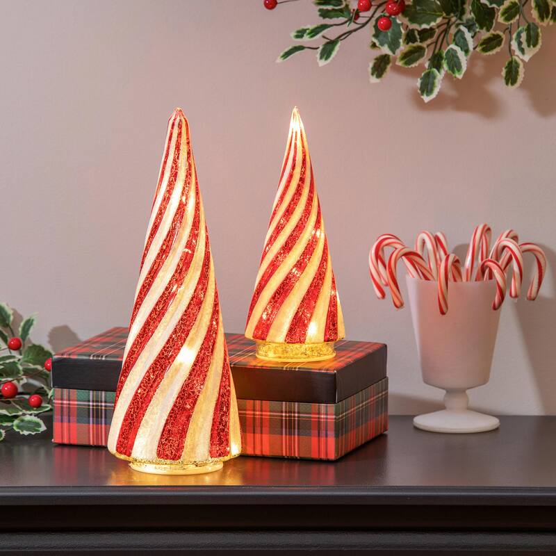 12 in. LED Red and White Striped Trees Table Decor, Set of 2 - 12 in