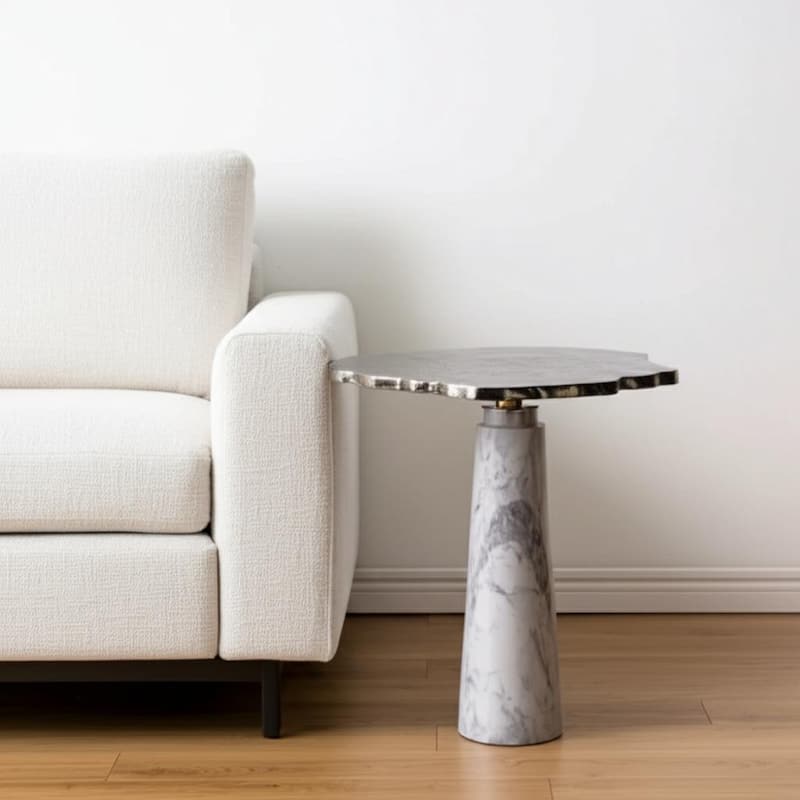 HomeRoots 22" Silver and White Aluminum and Marble Pedestal End Table - 19.5' X '21.5' X '19 - Silver - Aluminum