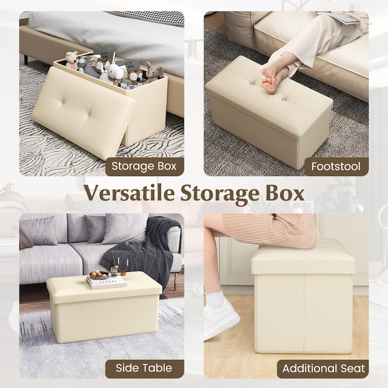 Costway Folding Storage Ottoman Upholstered Rectangle Footstool PVC