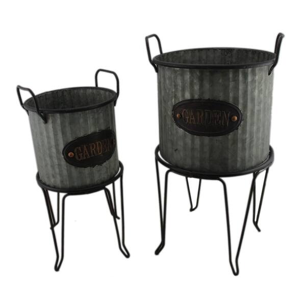 Rustic Round Galvanized Ribbed Metal 2 Piece Garden Planter And Stand Set 19 X 10 X 10 Inches Overstock 18658297 Fill them with leafy greens and then mix and match for a lively display rejuvenation plant stands & ladders. rustic round galvanized ribbed metal 2 piece garden planter and stand set 19 x 10 x 10 inches