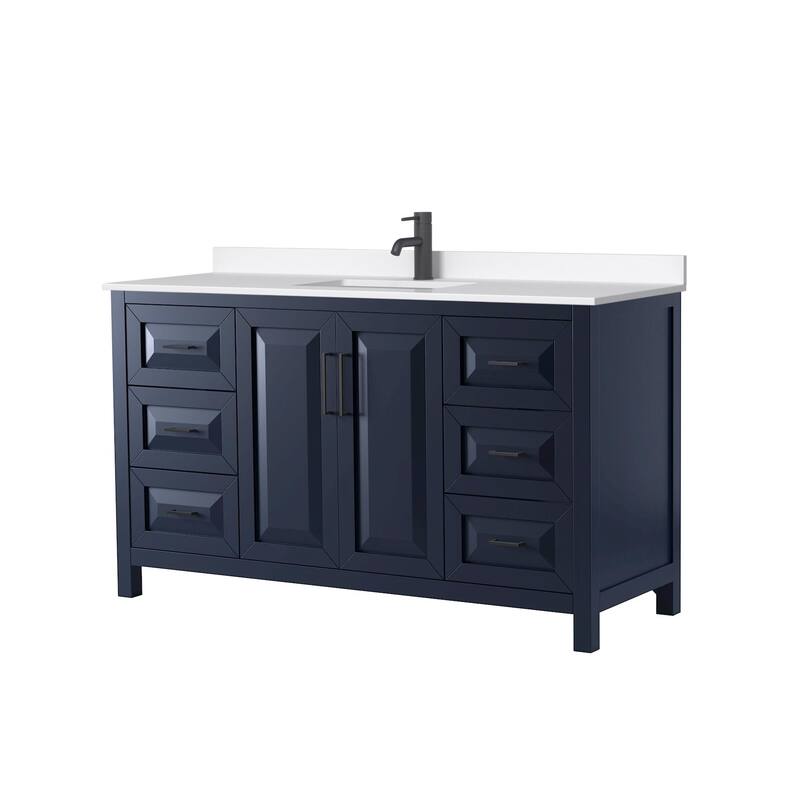 Daria 60-inch Single Vanity, Single Hole Quartz Top - Dark Blue, Black Trim, White Quartz Top