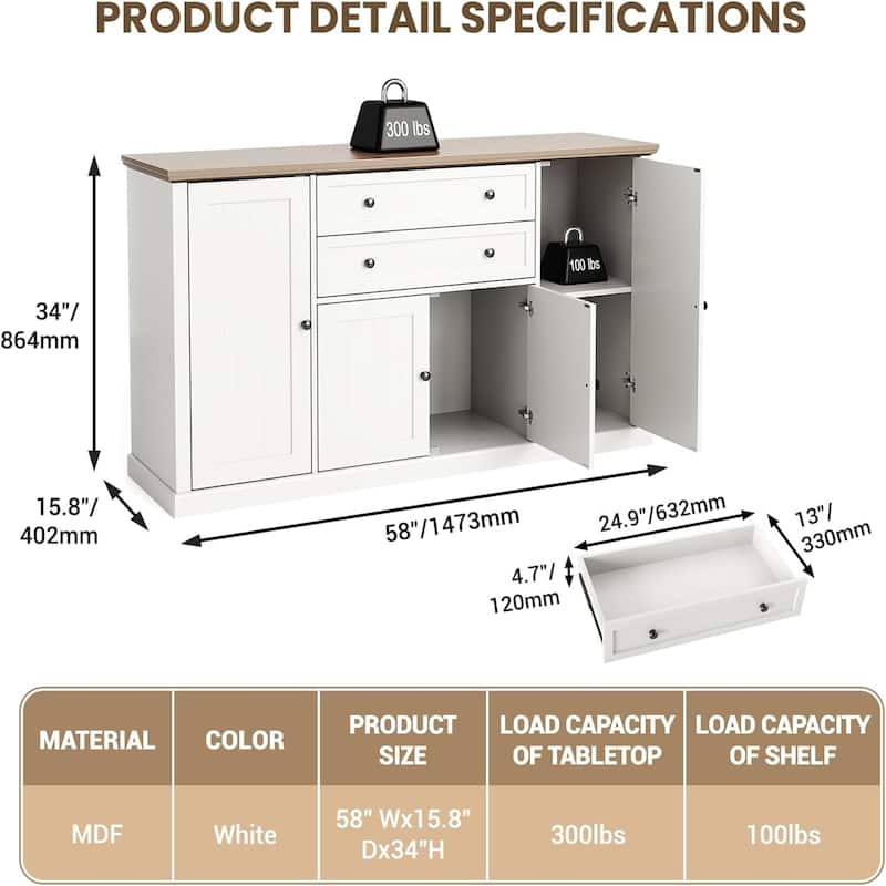58" Sideboard Buffet Cabinet with Storage with 4 Doors & 2 Drawers