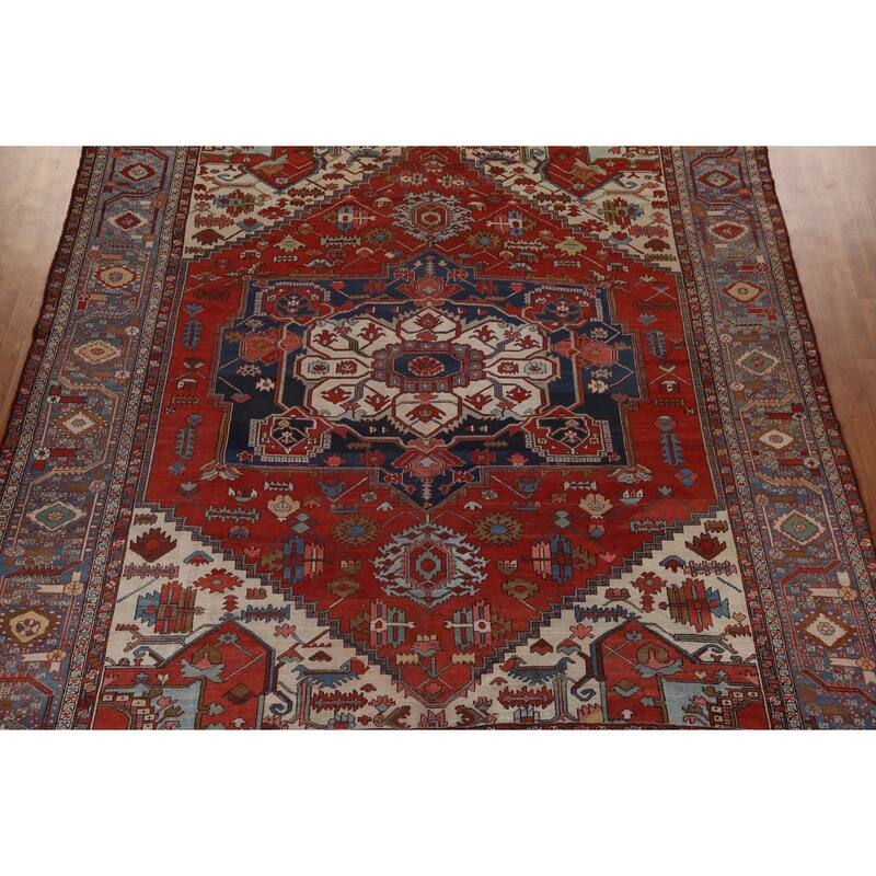 Pre-1900 Antique Heriz Serapi Persian Rug Handmade Wool Carpet - 11'0" x 12'10"