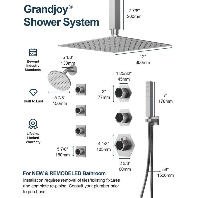 GRANDJOY Dual Shower Heads 12" Ceiling and 6" Wall Mount Body Jets Handheld Shower Spray Rainfall Shower Faucet Set