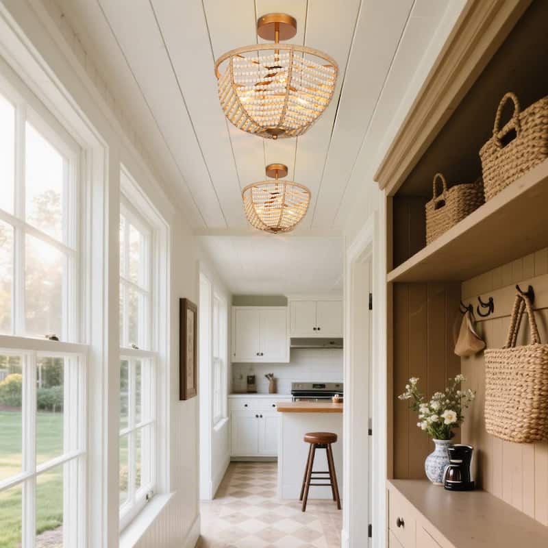 Coastal Boho Beaded 3-Light Chandelier Gold Semi-flush Mount Ceiling Light for Foyer Entry - Dia. 14" x H 13.7"