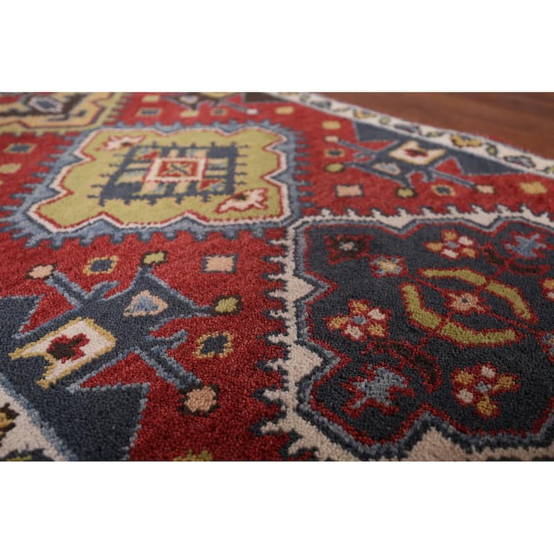 Red Geometric Kazak Oriental Runner Rug Hand-Knotted Wool Carpet - 2'7"x 8'1"