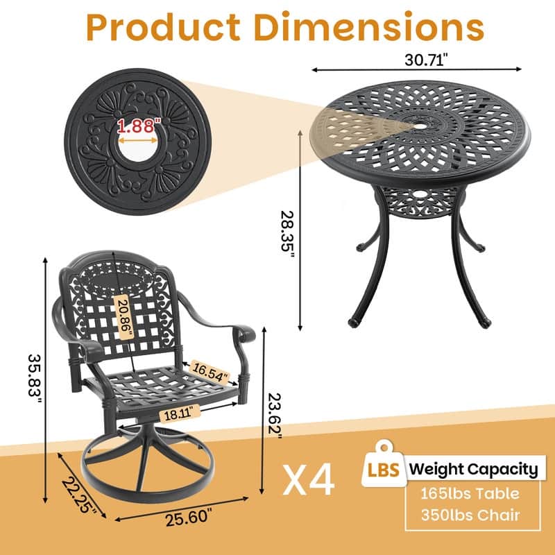 5-Piece Aluminum Round Outdoor Patio Dining Set, 4 Cushioned Swivel Chairs, Table, All-Weather Frames