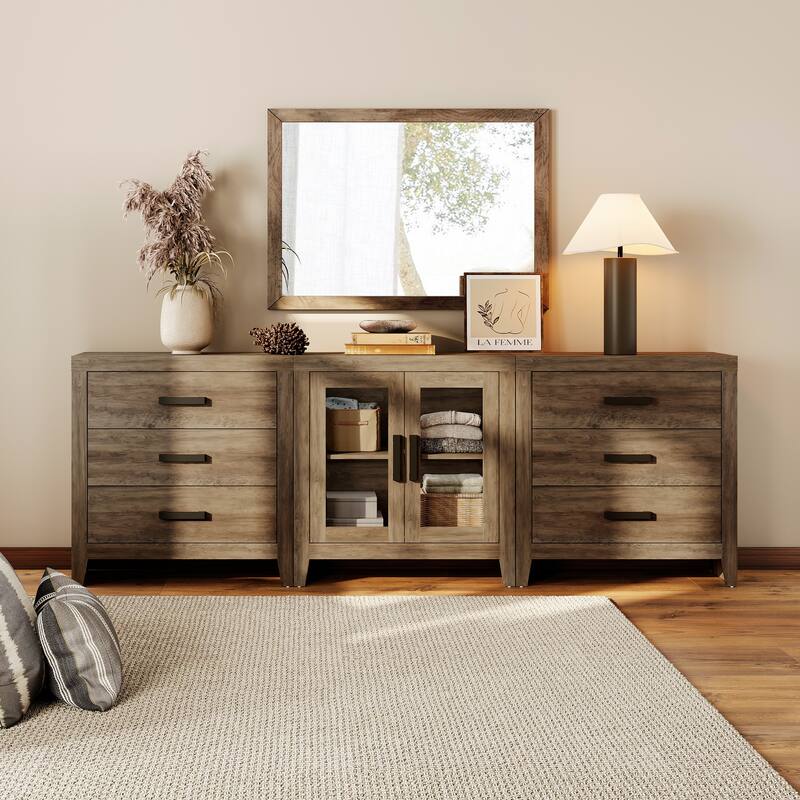 WAMPAT Farmhouse Buffet Cabinet with Glass Doors and Drawers, 3-Piece Modular Sideboard