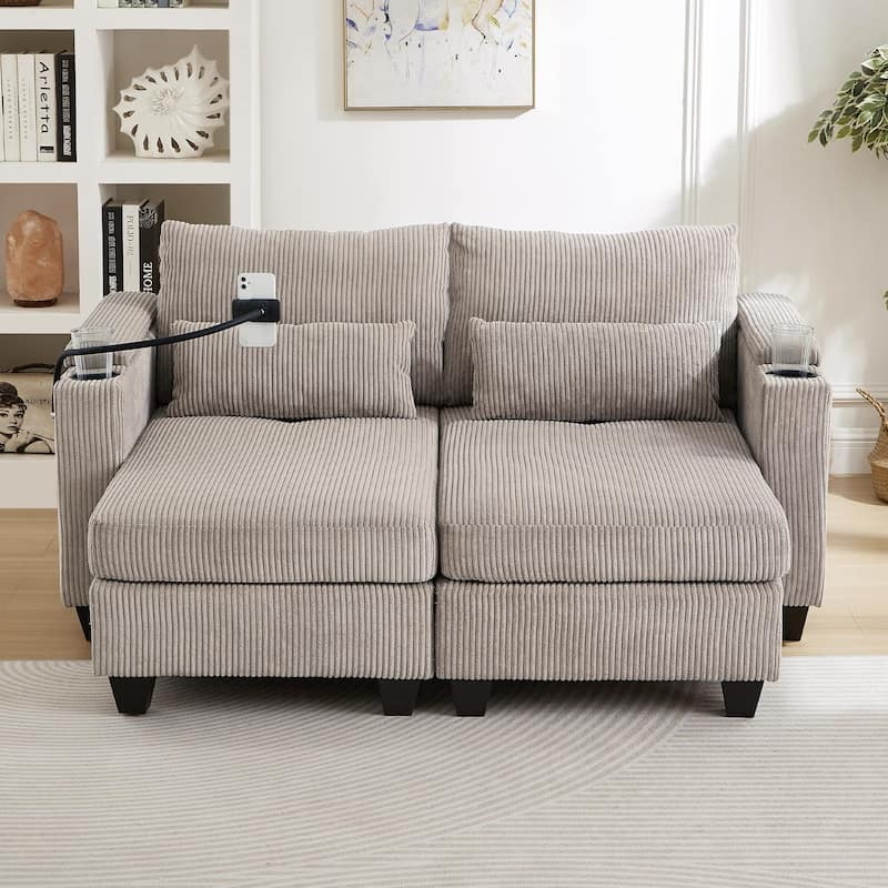 63" Convertible Chaise Lounge Chair, Corduroy Upholstered Sofa Bed with USB Ports & Cup Holders, Living Room Loveseat Sofa