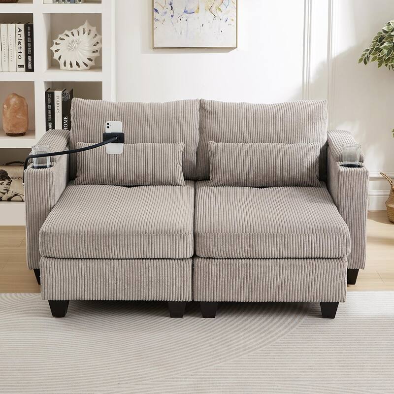 Sofa Chair with Armrests, 2-in-1 Corduroy Loveseat & Chaise Lounge, Sofa Bed Sleeper Sofa with Cup Holders & Side Pockets - Brown