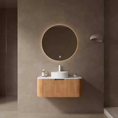Plywood Wall-Mounted Bathroom Vanity Set with Integrated Ceramic Sink in Natural Wood