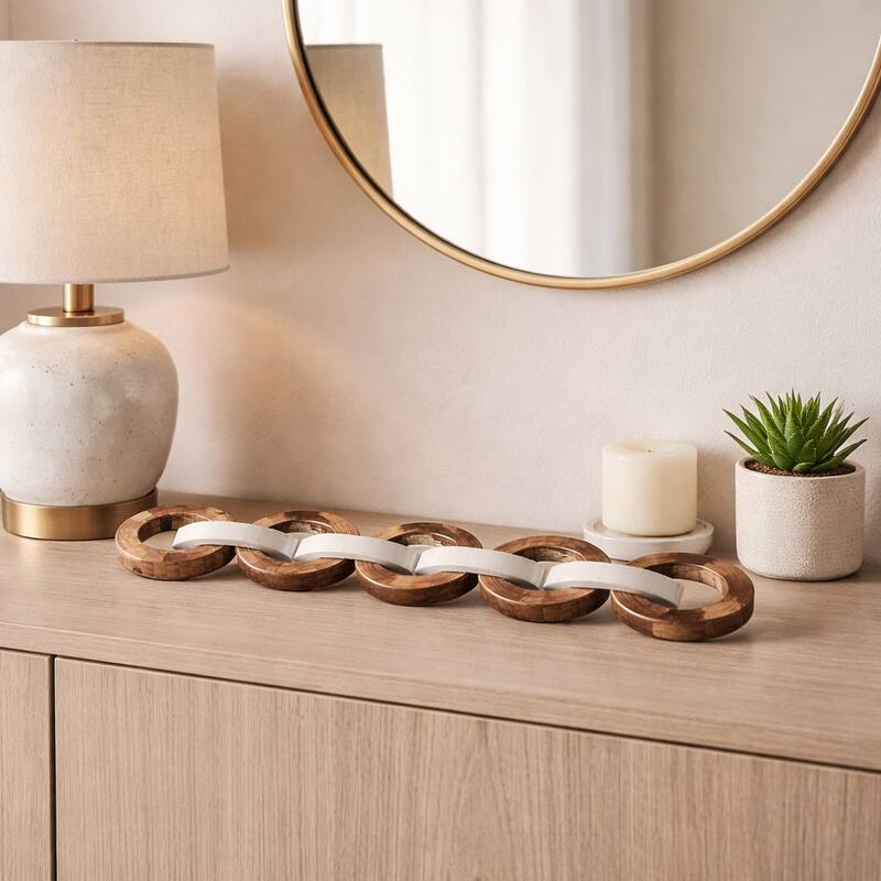 Decorative Wood and Resin Chain Link Sculpture - 23", Ivory & Brown - 23.0"