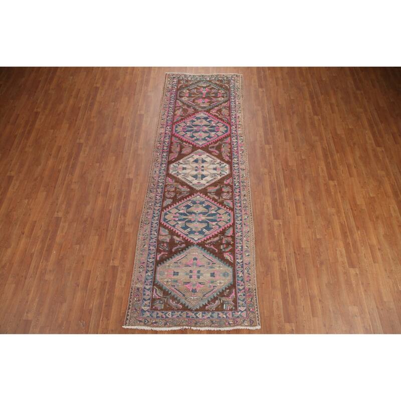 Hand Knotted Oriental 100% Wool Carpet Traditional Geometric Brown Heriz Runner Rug - 10' 11'' X 3' 9''
